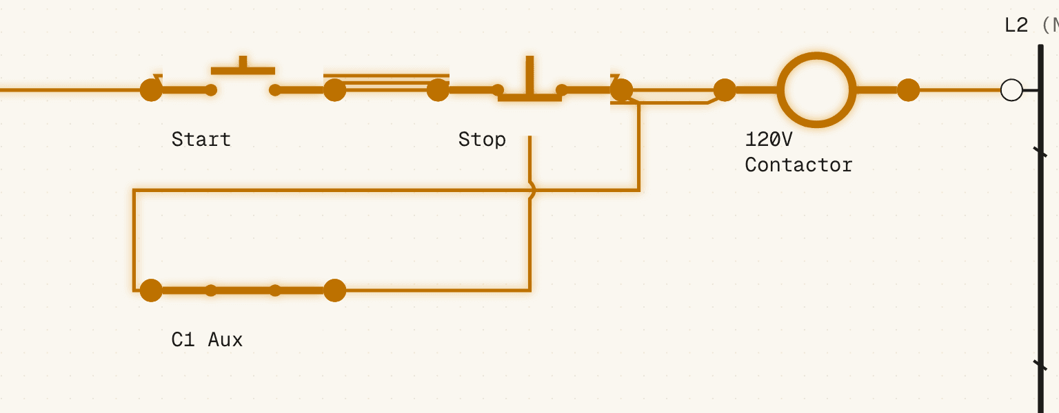 A running start/stop rung: the Start pushbutton, the C1 Aux seal-in contact and the 120V contactor coil, all drawn in the energized amber